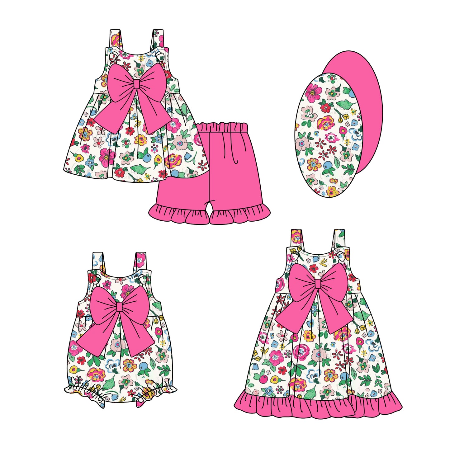 3.31 custom each style moq 5eta 4-6week Sibling Sisters floral baby girl short sleeve shorts sets and dress and rompers match family design