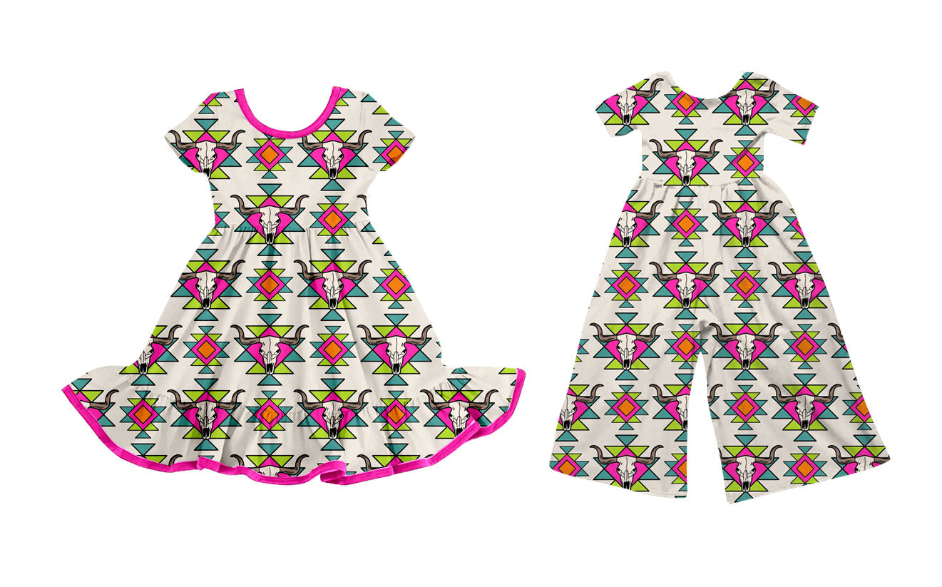 25.9.19 custom each style moq 8 eta 6-8week Sibling Sisters cow head baby girl long sleeve dress and jumpsuit match family design