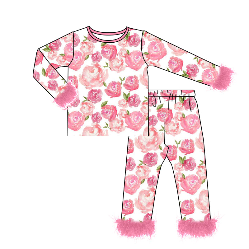10.21 custom each style moq 5eta 4-6week baby girls clothes floral pink Plush Edge Long Sleeve Pants Set