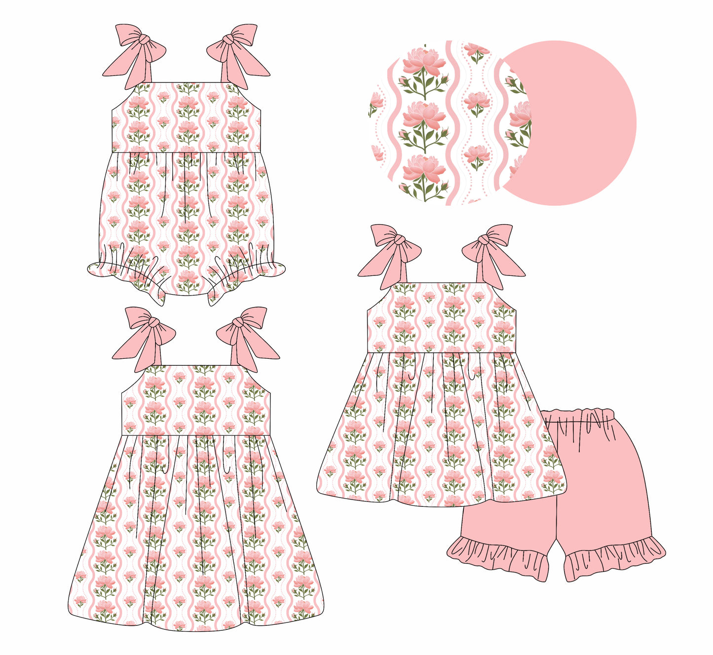 2.28 Custom moq 5 mix size Sibling Baby Girl's Pink Floral print Sleeveless Top And Shorts Set Cute Romper Dress for Summer