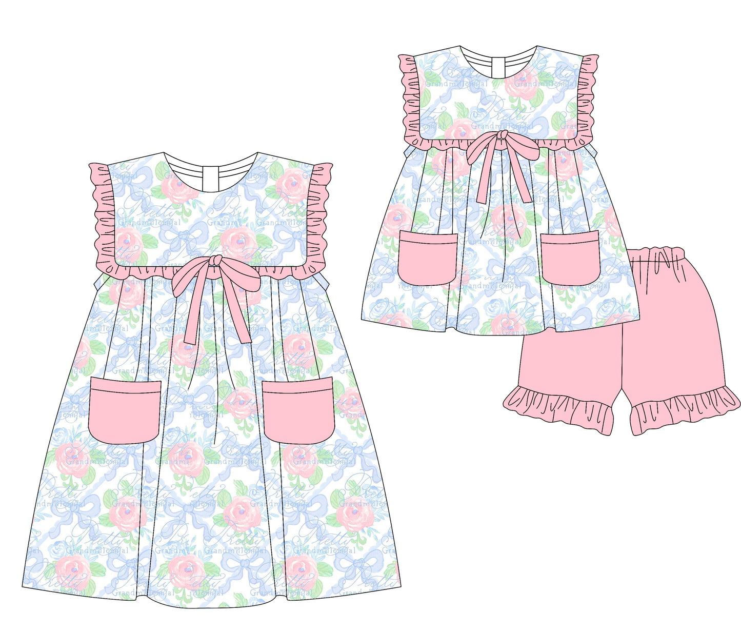 3.8 custom each style moq 5eta 4-6week Sibling Sister bow floral baby girl short sleeve shorts sets and dresses match design