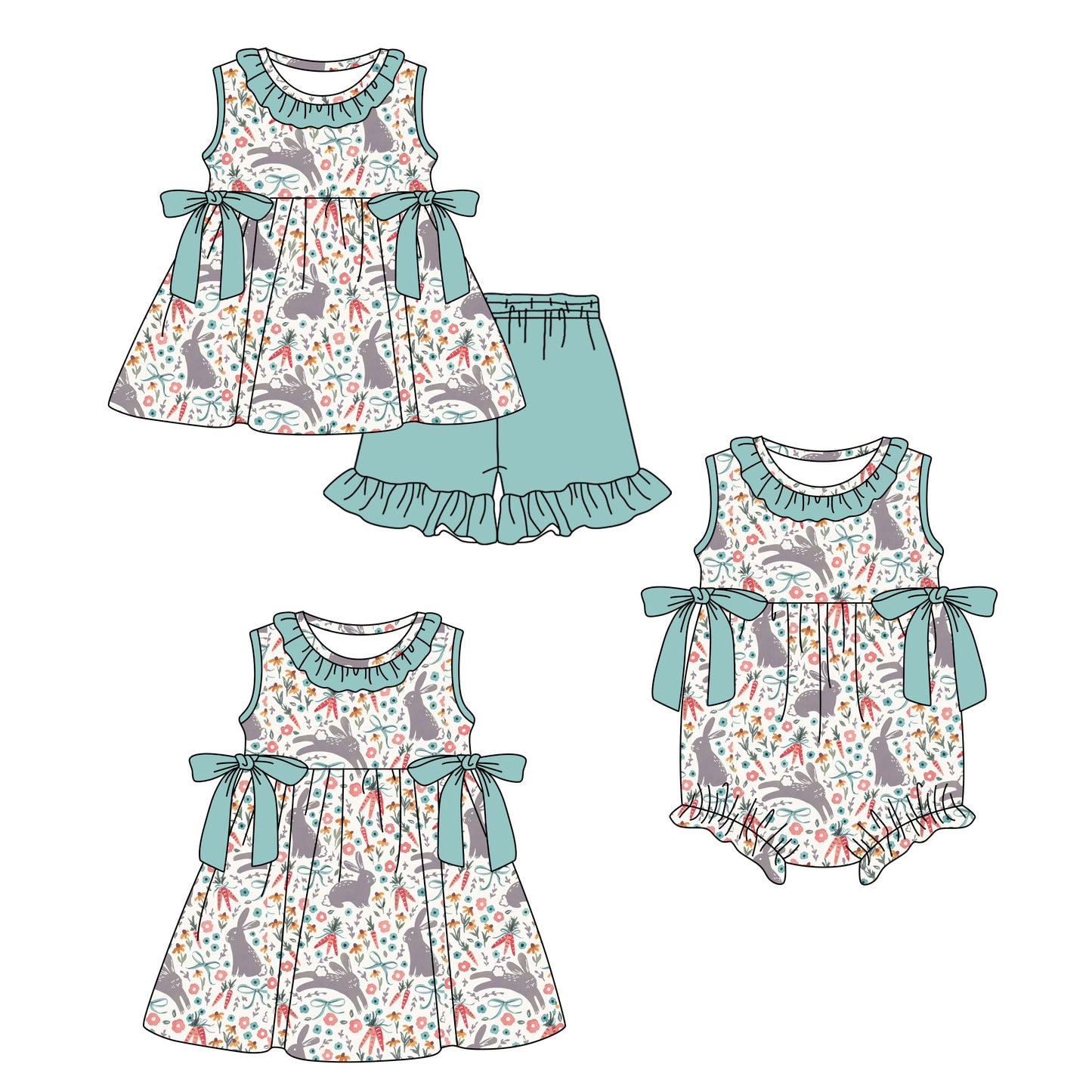 Custom moq 5 mix size Sibling Baby Girl's Bunny Print Easter Short-Sleeved Top And Shorts Set Cute Romper Dress for Summer