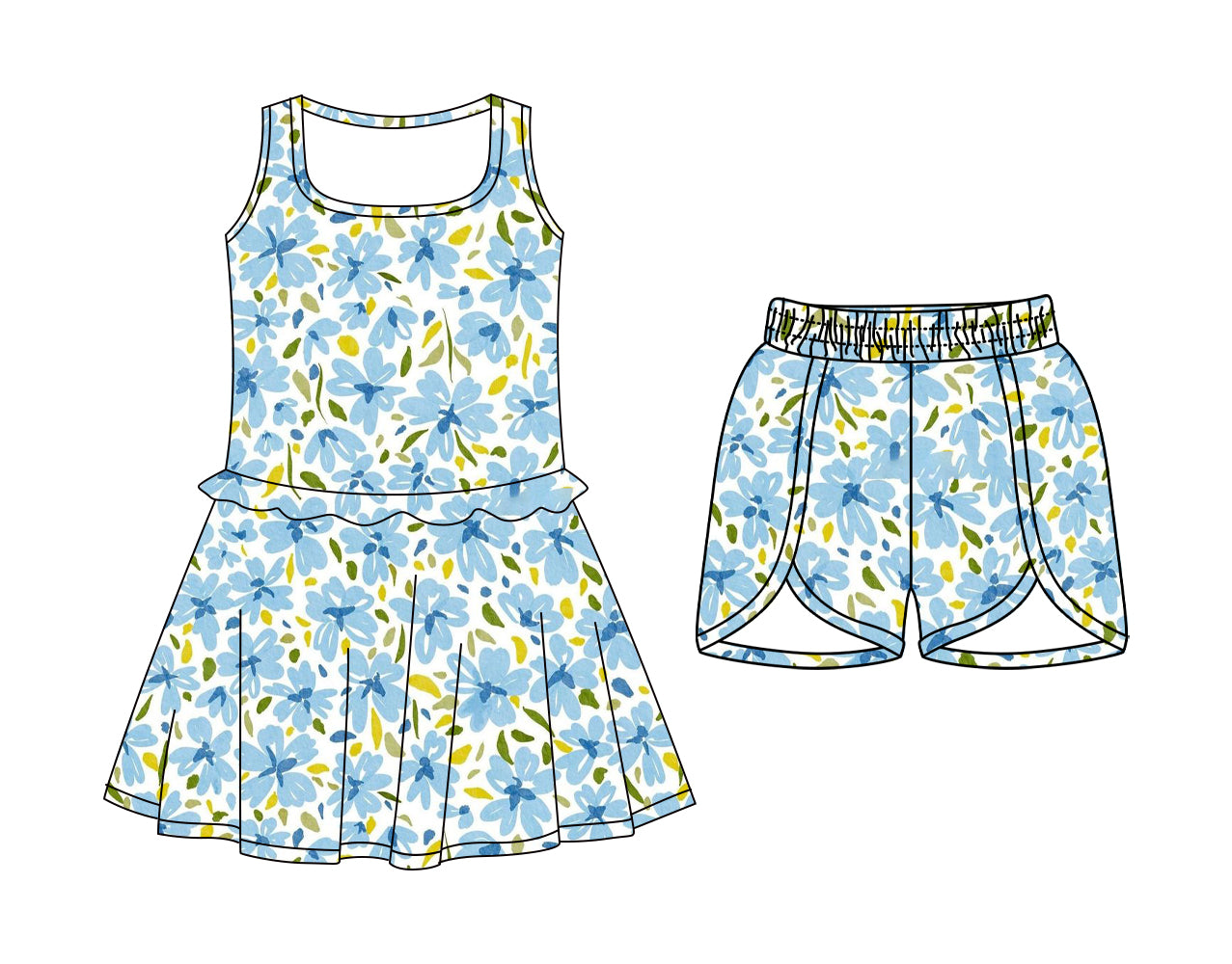 Custom moq 5 mix size Baby Girls Blue Floral Print Sleeveless Dress with Elastic Waist Shorts