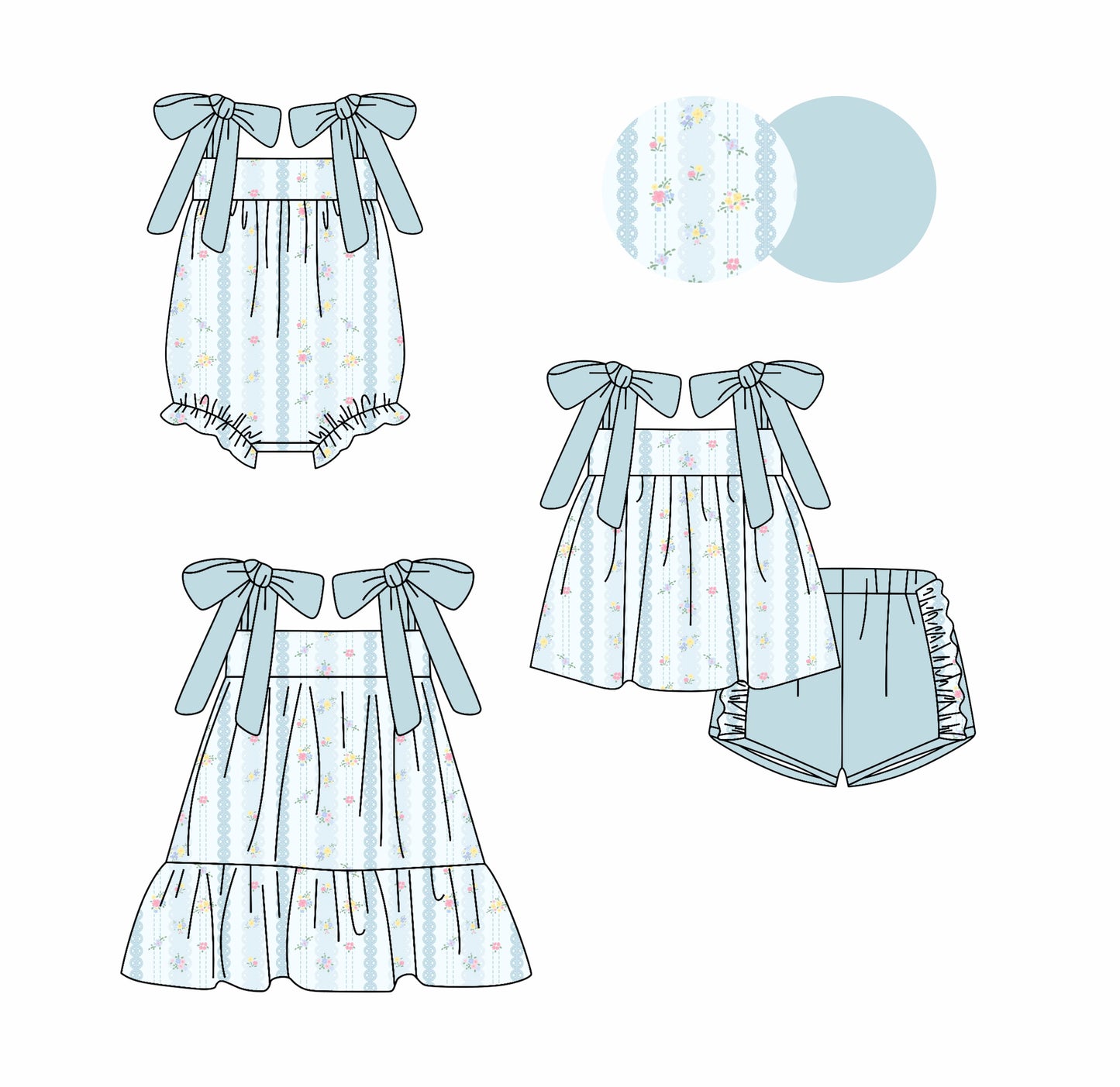 25.10.23 custom each style moq 5 eta 6-8week Sibling Sister floral baby short sleeve shorts sets and romper and dress match design