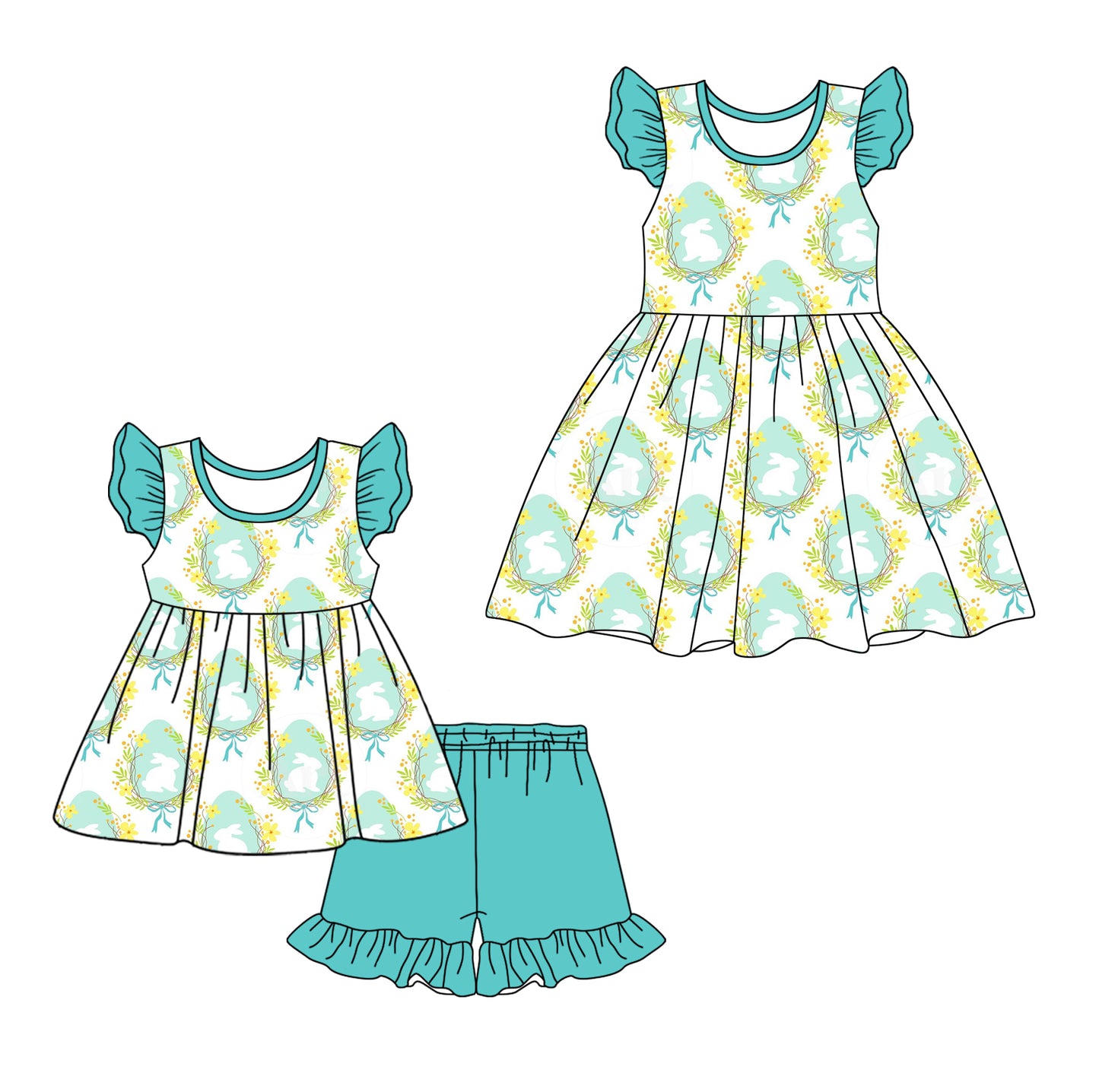 12.7 custom each style moq 5eta 4-6week Sibling Sister easter baby girl short sleeve shorts sets and dresses match design