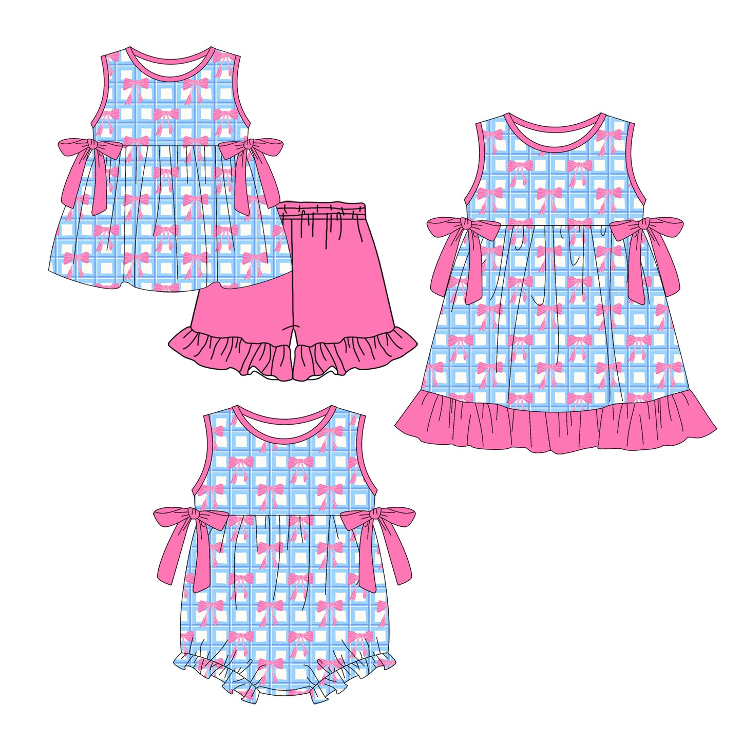 4.10 Custom moq 5 mix size Sibling Baby Girl's Checked Bows Sleeveless Tunic Ruffle Shorts Set Cute Romper Dress for Summer