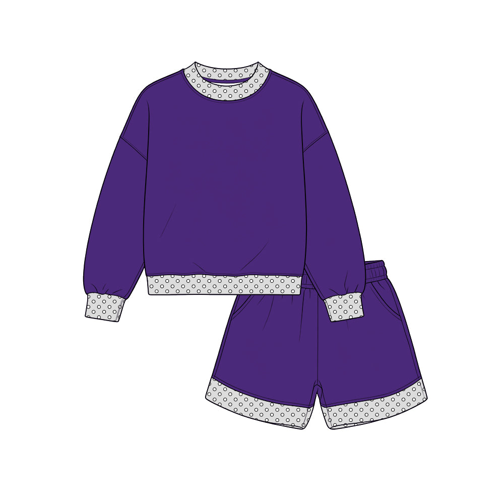 Custom moq 5 cotton fabric girls sets Purple-grey long-sleeve top and shorts set blank offer custom logo sets