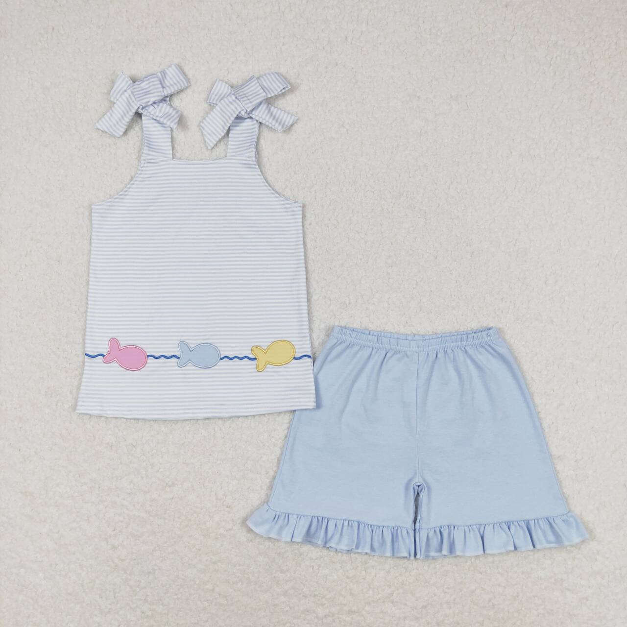 RTS NO MOQ(In Stock) Embroidered fish stripe suspenders blue shorts set