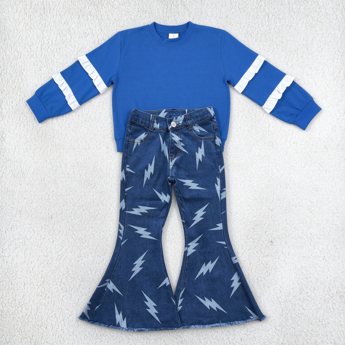 NEW RTS NO MOQ Denim GT1860+ P0128 Baby Girls Royal Blue Ruffle Sleeve Top Flash Denim Bell Pants Set