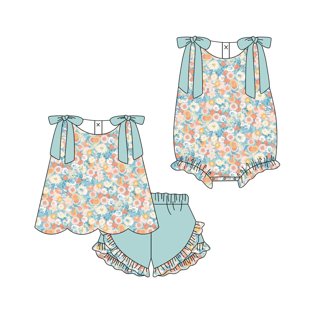 3.12 Custom moq 5 mix size Sibling Baby Girls Sleeveless Flowers Top And Green Ruffle Shorts Set Matching Romper Outfit
