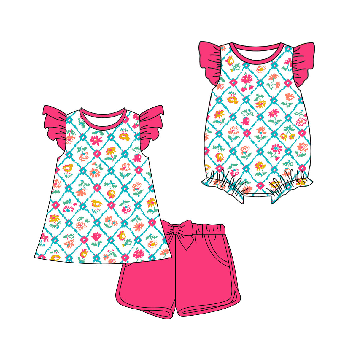 3.25 Custom moq 5 mix size Sibling Baby Girl's Flowers Flutter Sleeve Top And Shorts Set Cute Romper Dress for Summer