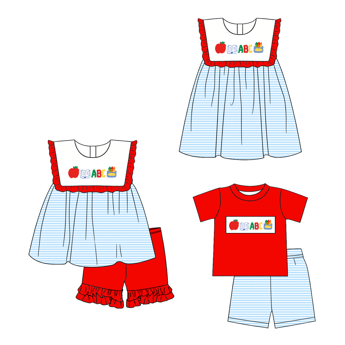 3.7 Custom moq 5 mix size Sibling Baby Girl Boys Striped Short-Sleeved Shirt And Shorts Set Back-to-School Outfit with Matching Dress