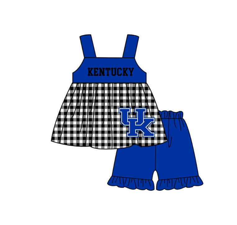 Custom moq 5 mix size milk silk summer teams baby girl boys clothes Blue Black and white checkered short sleeve shorts sets 3 and dress and rompers 2 series