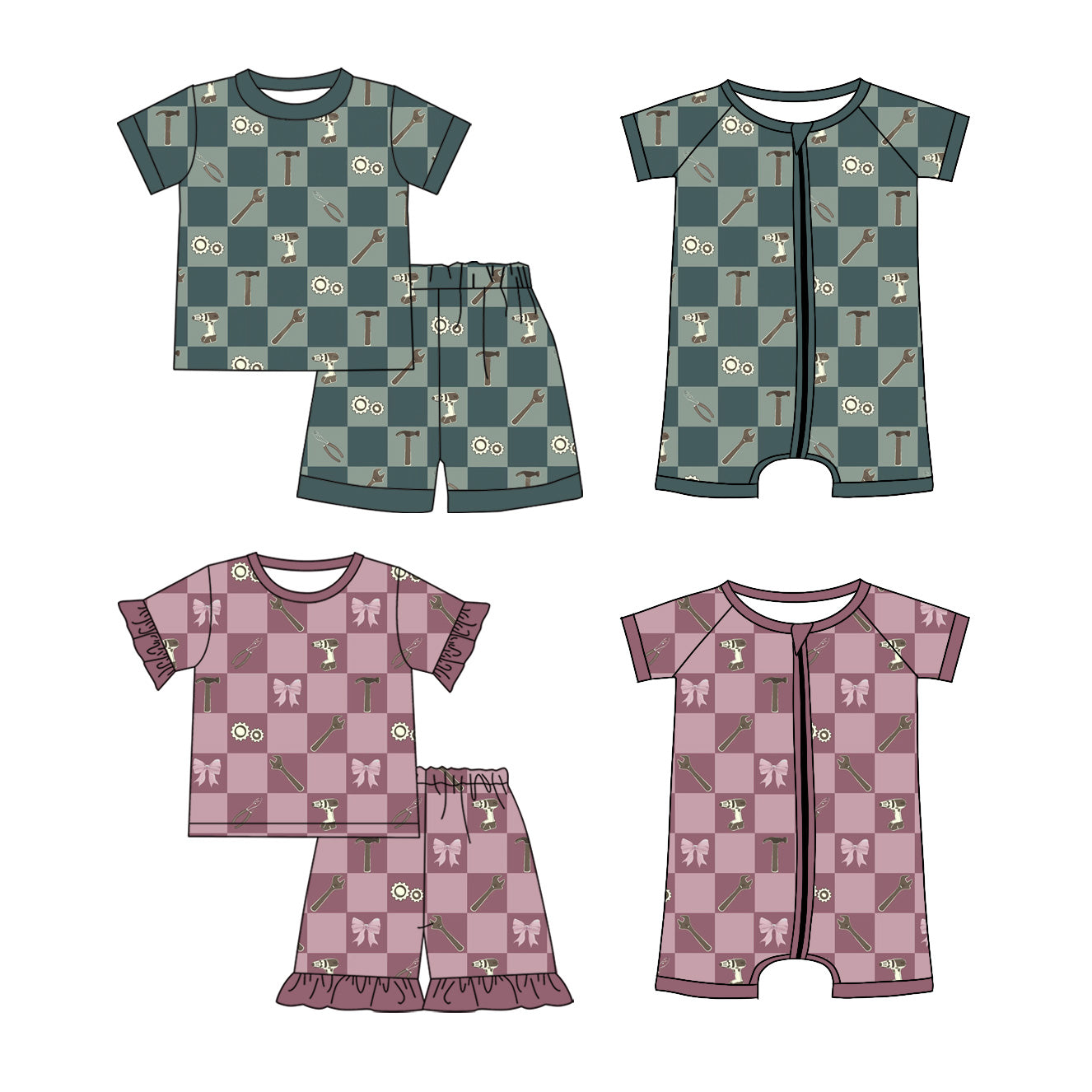 4.6 Custom moq 5 mix size Sibling Baby Boy Girl Checked Short-Sleeved Outfit Set Short Sleeve Romper