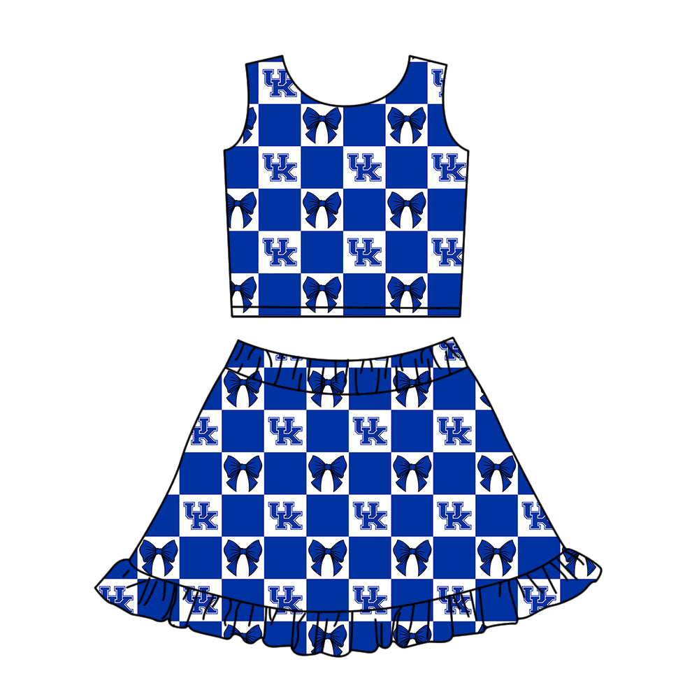 Custom moq 3 or 5 mix size milk silk summer teams baby girl clothes bow blue sleeveless skirts sets-26.1.19