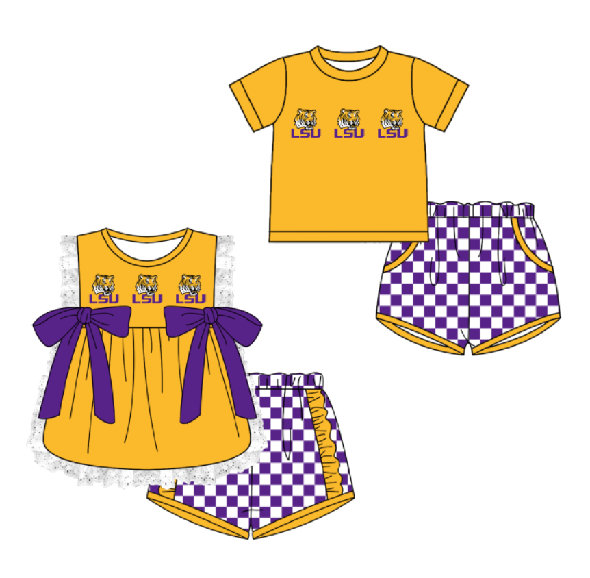 Custom moq 5 mix size milk silk summer teams Yellow Girl Sleeveless Top And Plaid Shorts Set with Bow Boy Short Sleeved Top And Plaid Shorts Set