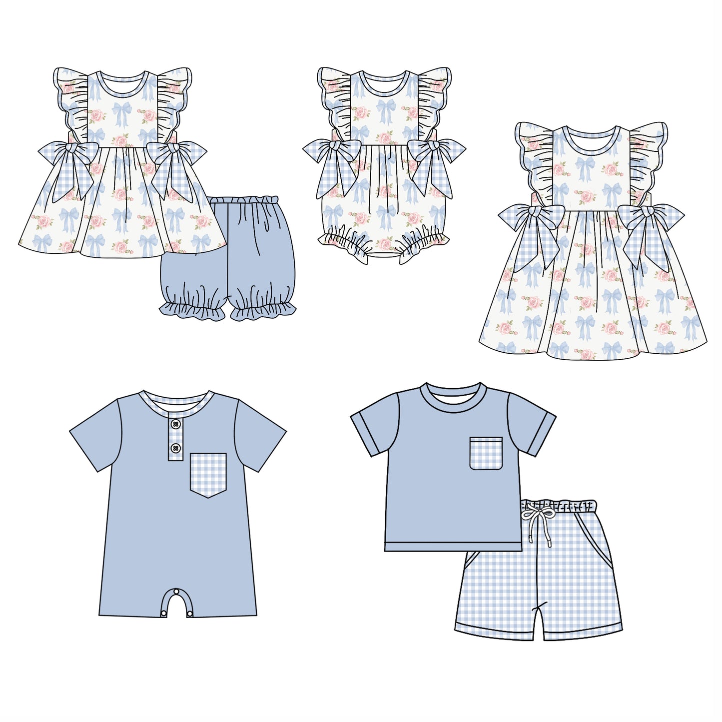 12.3 custom each style moq 5eta 4-6week Sibling Sister bow baby girl short sleeve shorts sets and sets 2 and girls romper and boy romper and dress match design