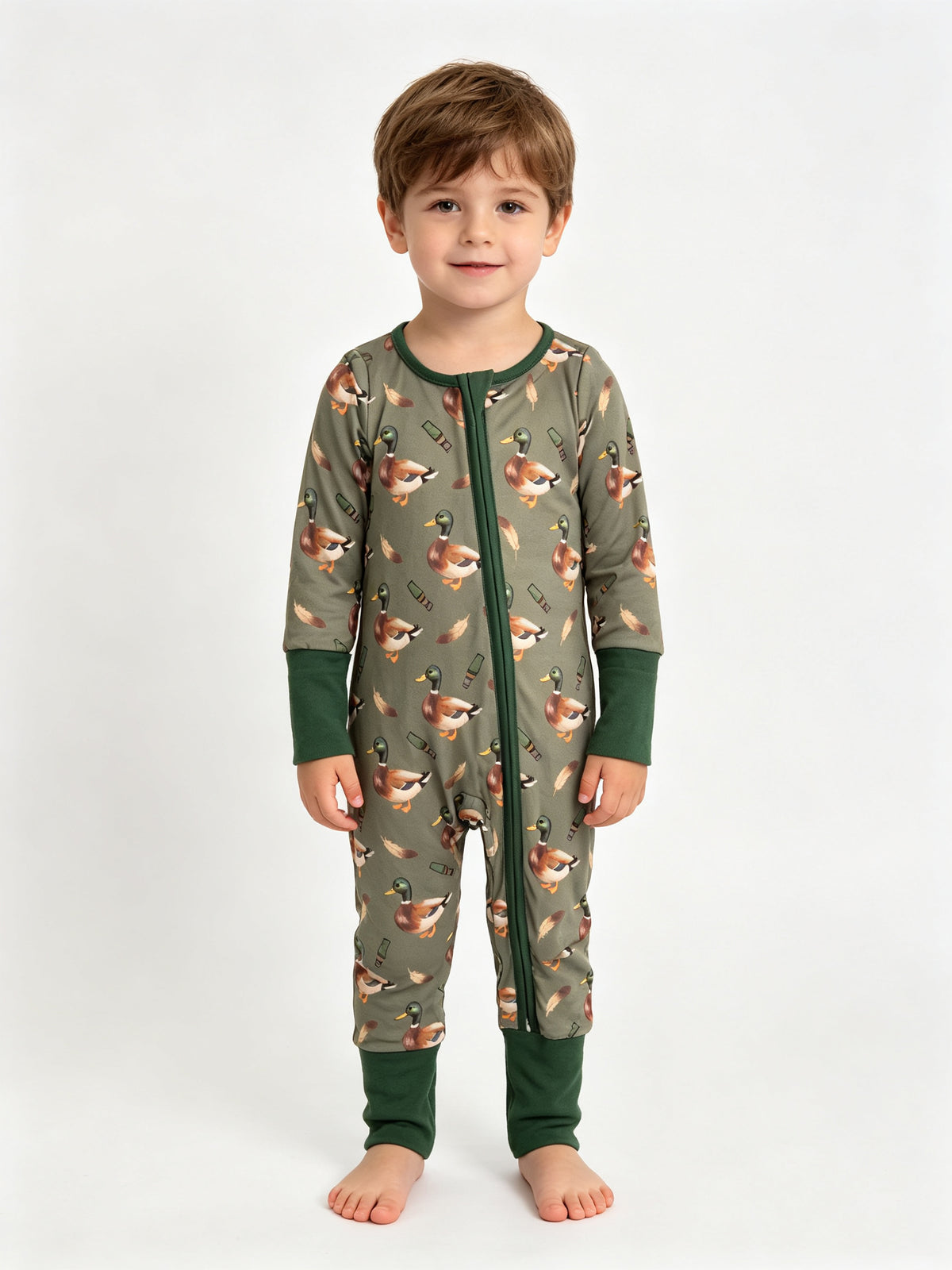 (Sample) No moq milk silk LR3232 Baby Boys Green Ducks Hunting Two Way Zip Convertible Daily Romper