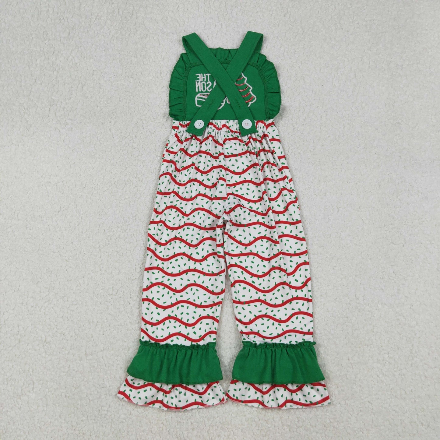 RTS NO MOQ(In Stock)SR3178 TIS the Season embroidered Christmas tree cookie green lace suspender bodysuit