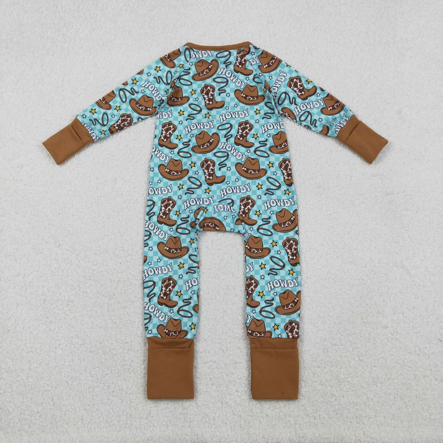 RTS NO MOQ(In Stock) Howdy Cowboy Hat and Boots Blue-Green Plaid Zipper Long-Sleeved Jumpsuit