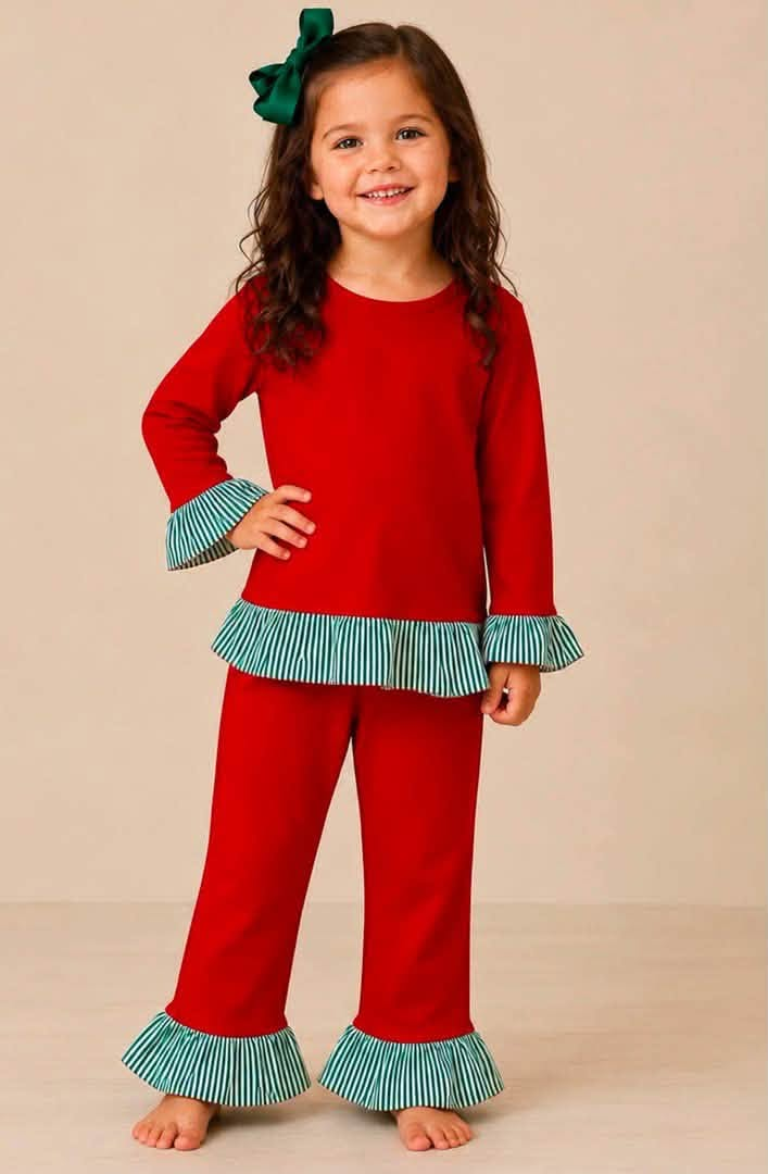 custom moq 5 mix size Cotton fabric EAROML0101 Baby Girls Long Sleeve Ruffle Trim Top Stripe Ruffle Cuff Hem Pant Pajama Set