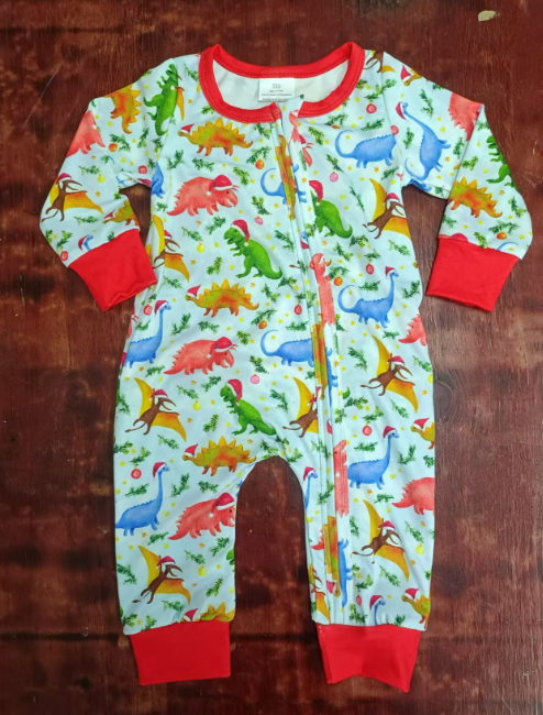 Custom moq 3 eta 6-7weeks Red Christmas Dinosaur Long Zip-Up Romper