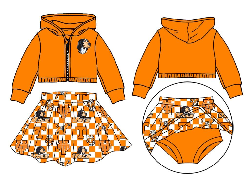 custom moq 3 eta 6-7weeks team summer baby girls clothes orange hooded with skirts sets