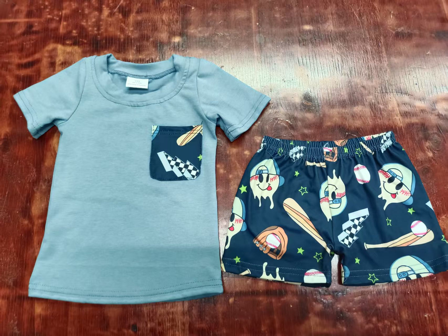 Custom moq 3 eta 6-7weeks baby boys clothes baseball smiley short Sleeve shorts sets-25.5.9