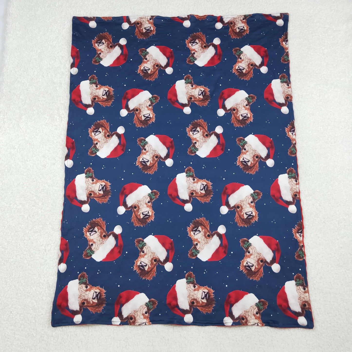 RTS NO MOQ(In Stock) BL0088 Navy blue baby blanket with red Santa hat and bull head