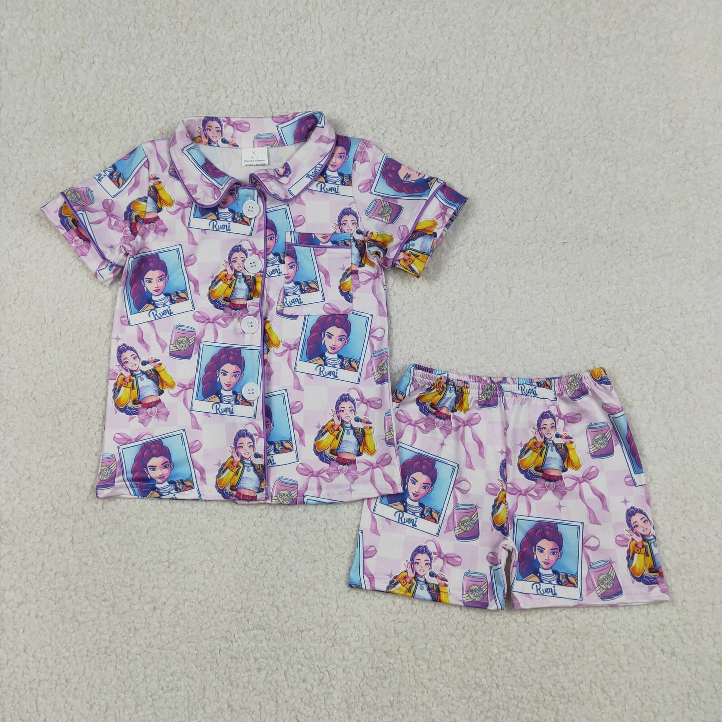 12/18m-14/16t RTS NO MOQ(In Stock) Kpop Photo Bow Pattern Purple Plaid Short-Sleeve Shorts Pajama Set