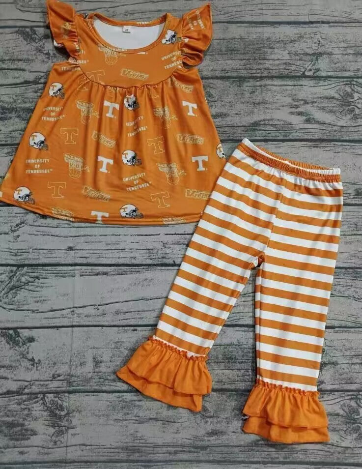 Custom moq 3 eta about 6-8 weeks Letter-sports helmet pattern-orange flying sleeve top-striped trousers set