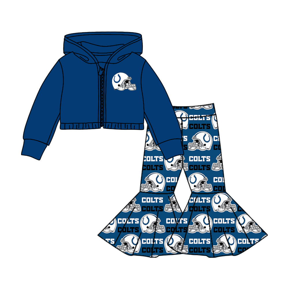 Deadline November 19 custom no moq eta 6-8weeks Blue Helmet Zipper Hooded Short Long Sleeve Jacket Flared Pants Set
