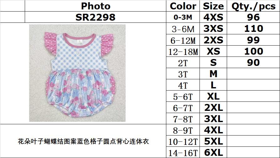 RTS NO MOQ ETA 5/7days arrived SR2298 Flower leaf bow pattern blue plaid polka dot vest jumpsuit
