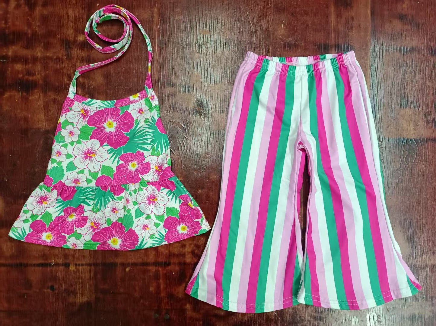 Custom moq 3 eta 6-7weeks baby girl clothes floral suspender trousers suit