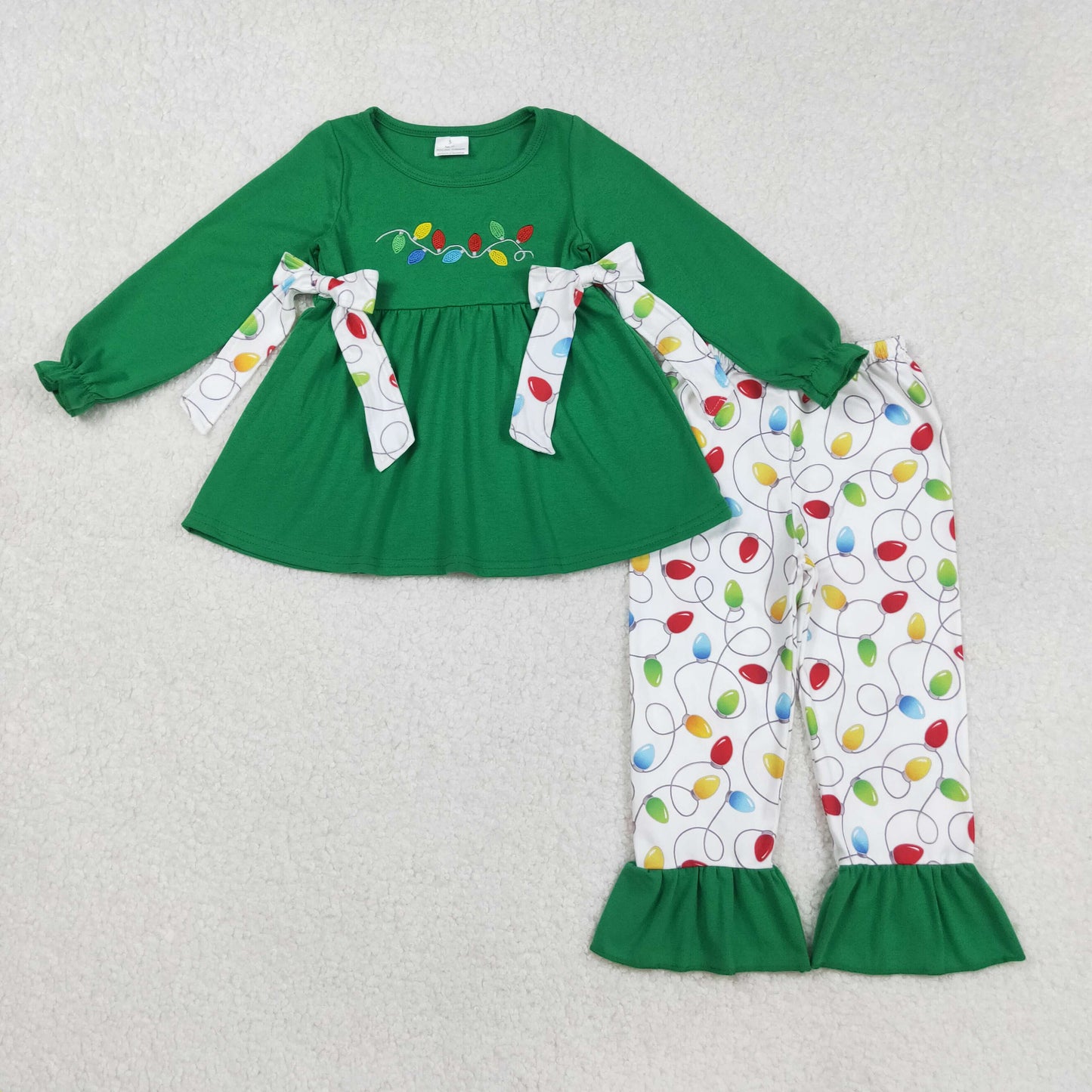 RTS NO MOQ(In Stock) GLP2491 Embroidered Christmas Lights Bow Green Long-Sleeve White Pants Set