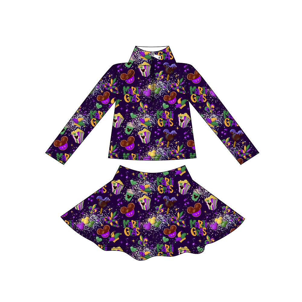 Custom moq 5 mix size milk silk summer baby girls clothes mardi gras long sleeve skirts sets-25.11.7