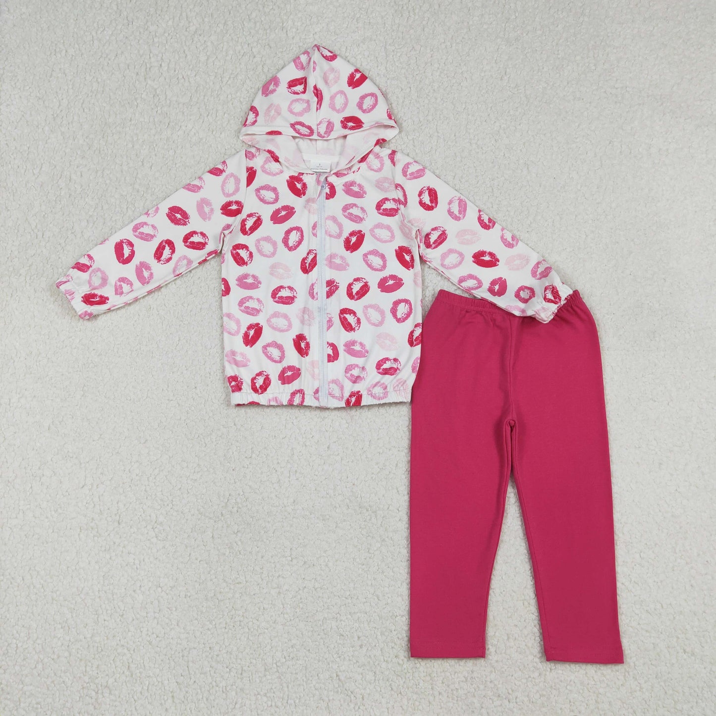 RTS NO MOQ(In Stock) White hooded long-sleeved top with lipstick print Solid color fuchsia trousers set-GLP3287