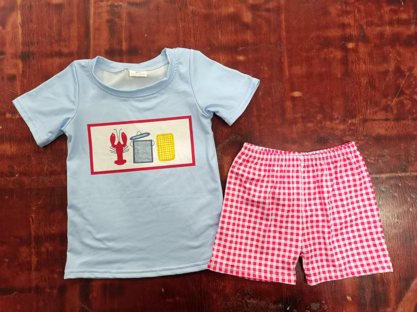 summer boys crayfish corn short sleeve red grid shorts boys sets