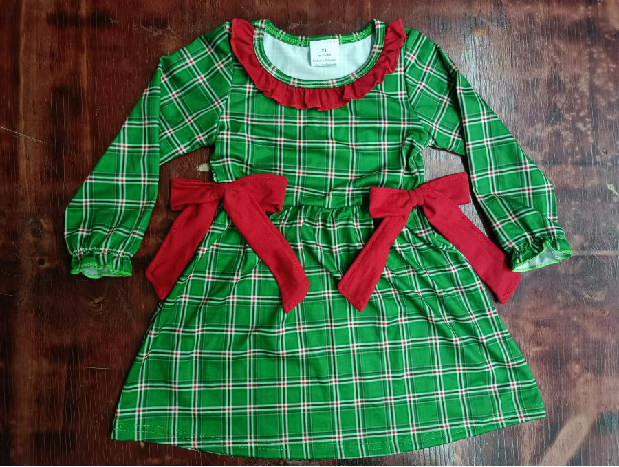 Custom moq 3 eta 6-7weeks Long-sleeved green plaid bow elastic cuffs dress