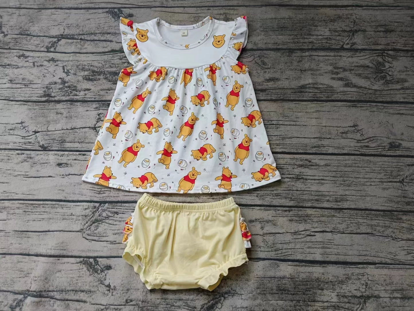 custom moq 5 eta 5weeks mix size baby girls clothes winnie flying sleeve light yellow Thong Set