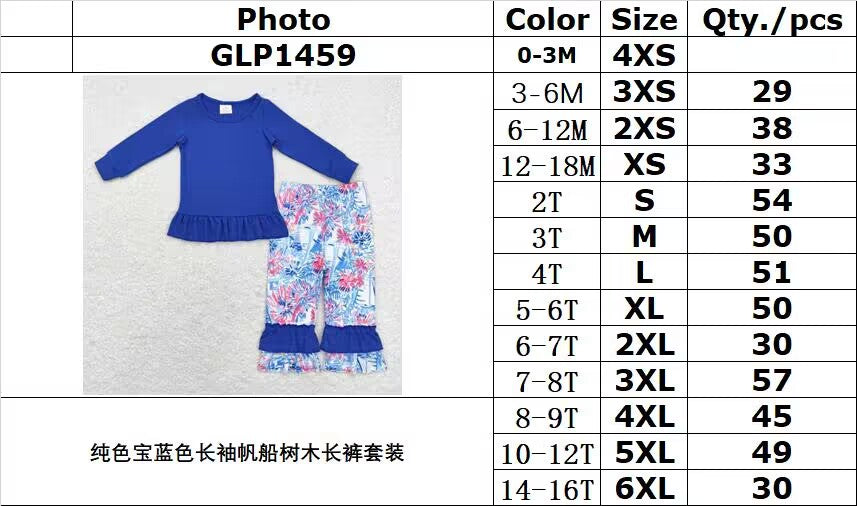 RTS NO MOQ ETA 5/7days Arrived GLP1459 Pure royal blue long-sleeved sailboat tree trousers suit