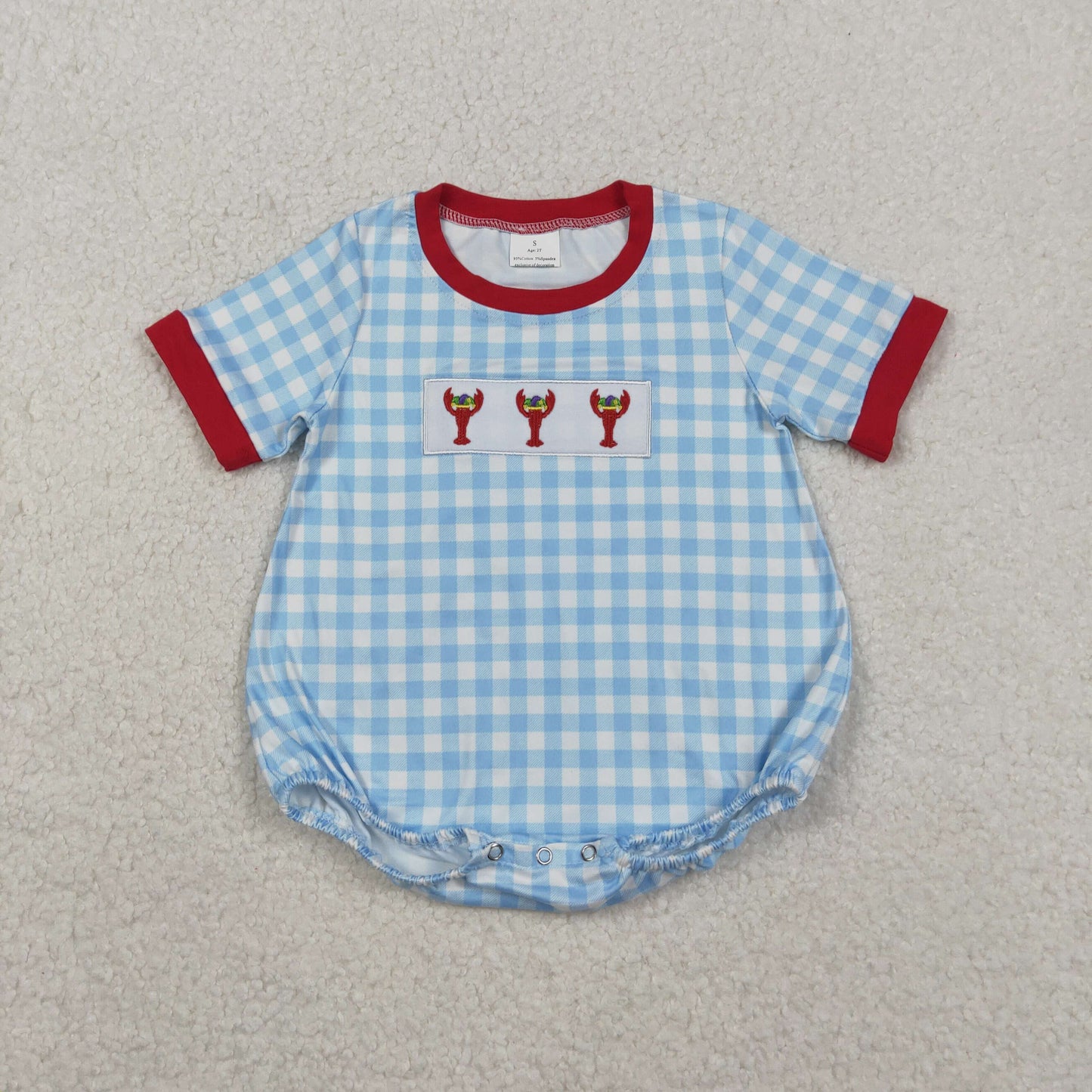 RTS NO MOQ(In Stock) SR3257 Embroidered Carnival Lobster Blue and White Plaid Short-Sleeved Onesie