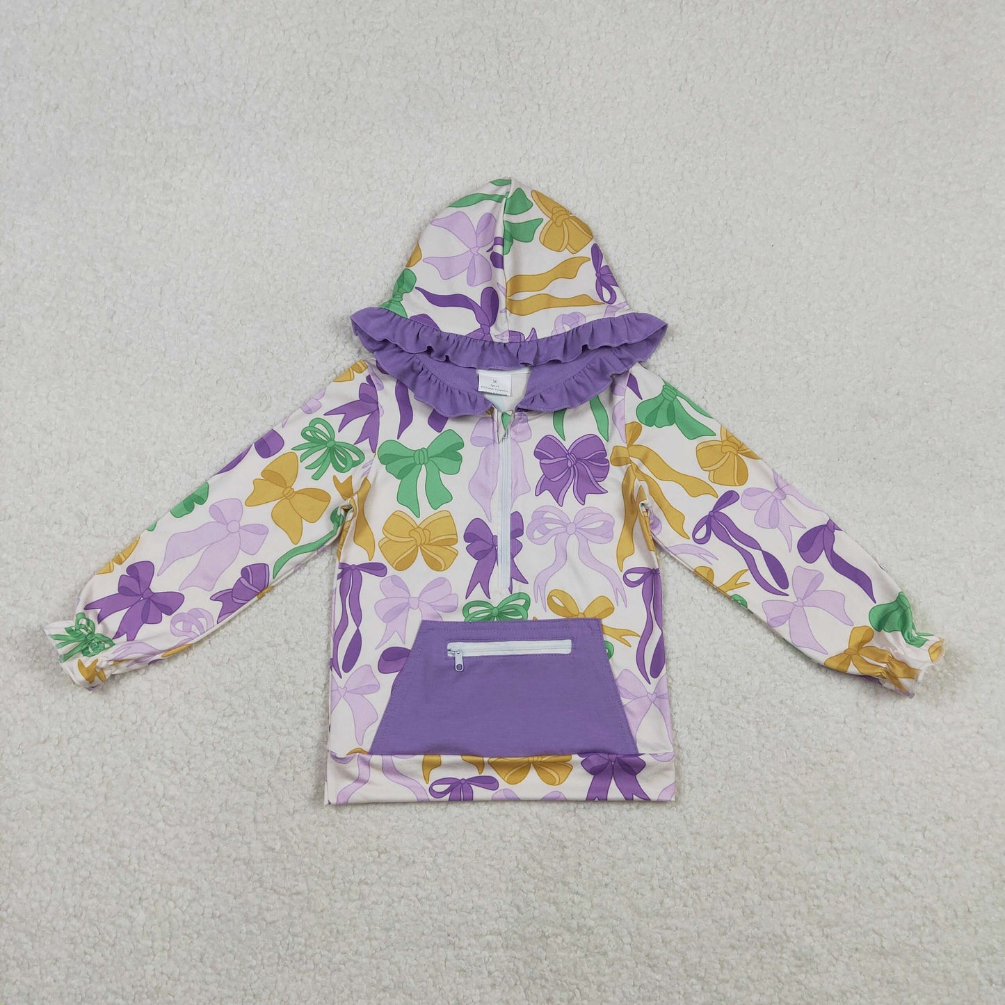 RTS NO MOQ(In Stock) GT1222 Carnival Bow Pattern Purple Zipper Pocket Lace Hooded Long-Sleeved Top