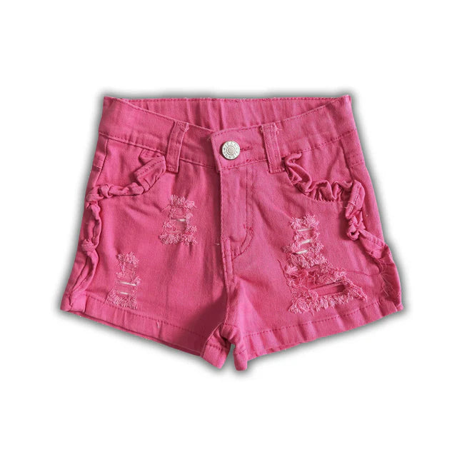 RTS NO MOQ Sibling Baby Girls turquoise color summer ruffle denim shorts