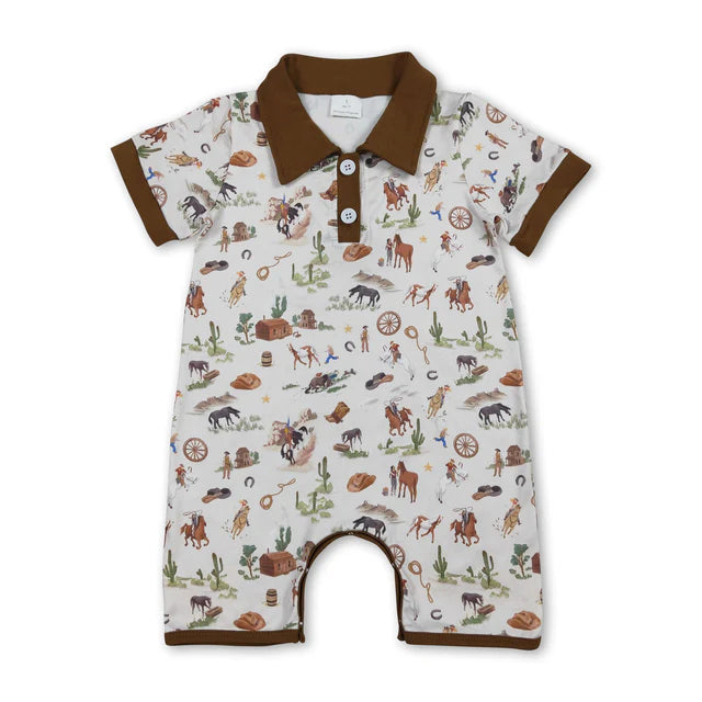 RTS NO MOQ Sibling Baby Boys Horse Rodeos Top Pockets Short Western Clothes Set Rompers
