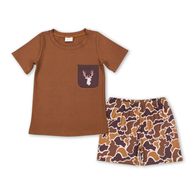 RTS NO MOQ Sibling Baby Boys Camo Deer Pocket Shirt Shorts Clothes Sets