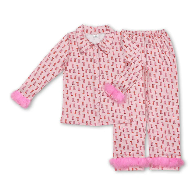 RTS NO MOQ Sibling Adult Women Pink Santa Trees Button Top Pants Christmas Fur Pajamas Set