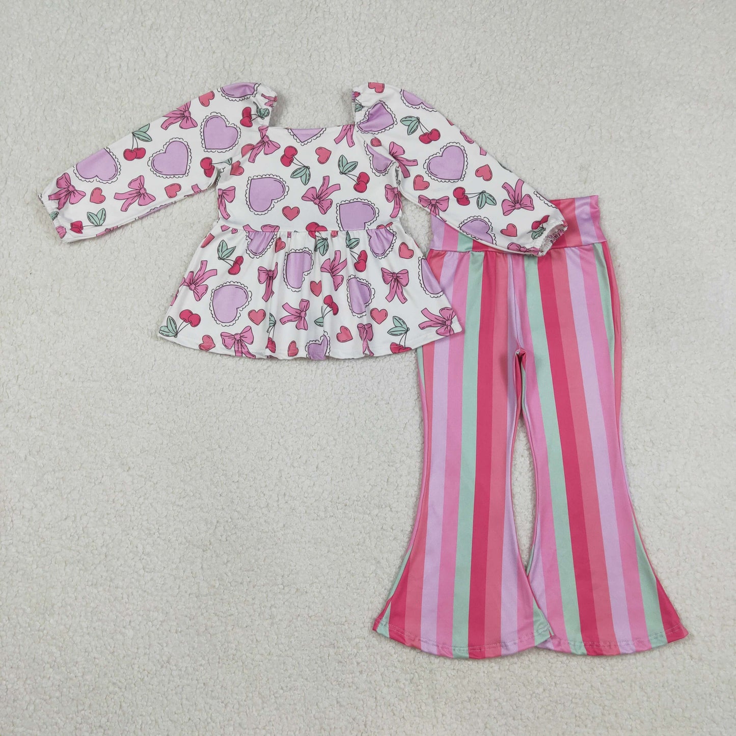RTS NO MOQ(In Stock) Cherry heart bow pattern long-sleeved colorful striped trousers set