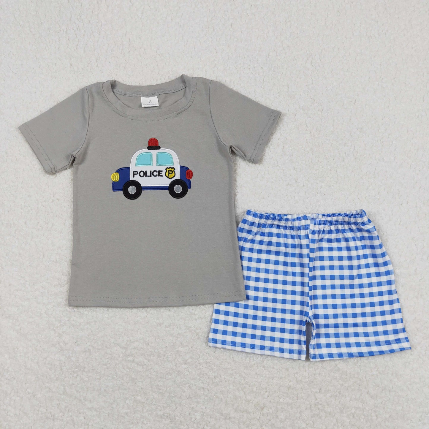 RTS NO MOQ(In Stock) police embroidered police car gray short-sleeved blue and white plaid shorts suit
