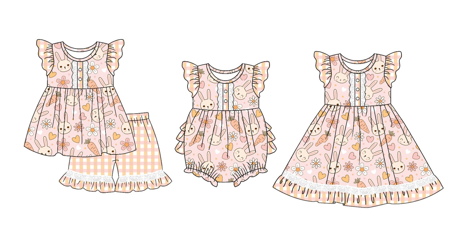 11.3 custom each style moq 5eta 4-6week Sibling Sister easter floral baby girl short sleeve shorts sets and dress and rompers match family design